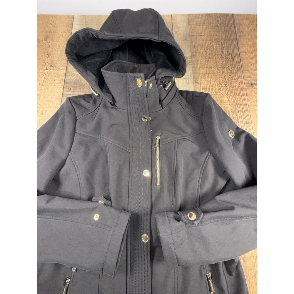 Michael Kors Women Black Utility Jacket Full Zip Hooded Gold Hardware Size M - Picture 3 of 8